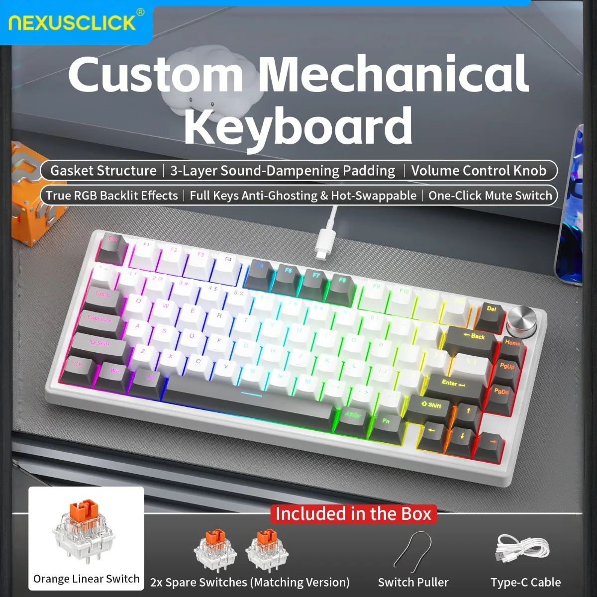 NEXUSCLICK K80 Custom Gasket Mechanical Keyboard FN Multimedia Shortcut Keys RGB Hot Swappable Type-C Wired Keyboard for Gamer