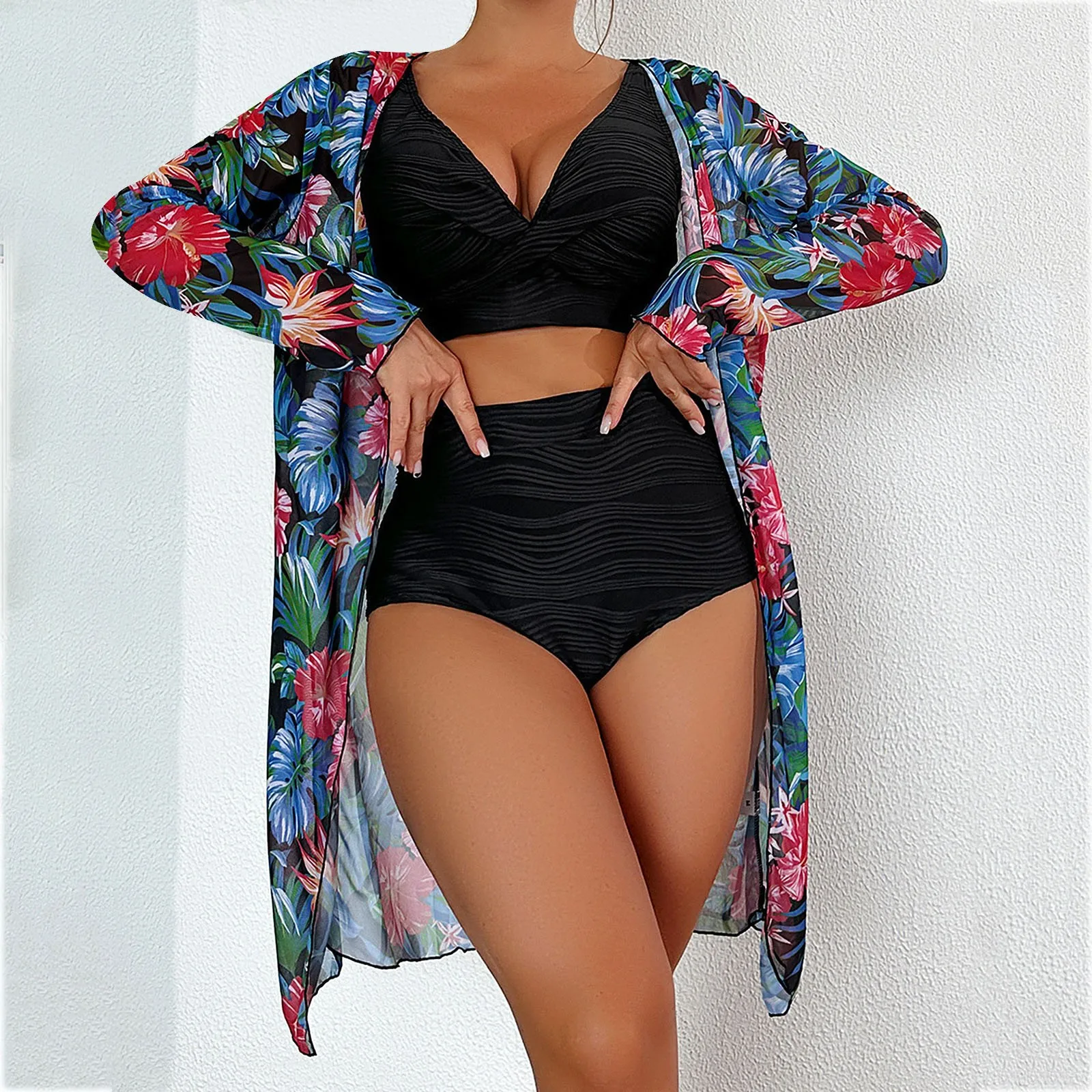 High Waist Bikinis 2024 Sexy 3 Piece Bikini Set Cover Up Swimsuit for Women Long Sleeve Push Up Swimsuit with Shorts And Sleeves