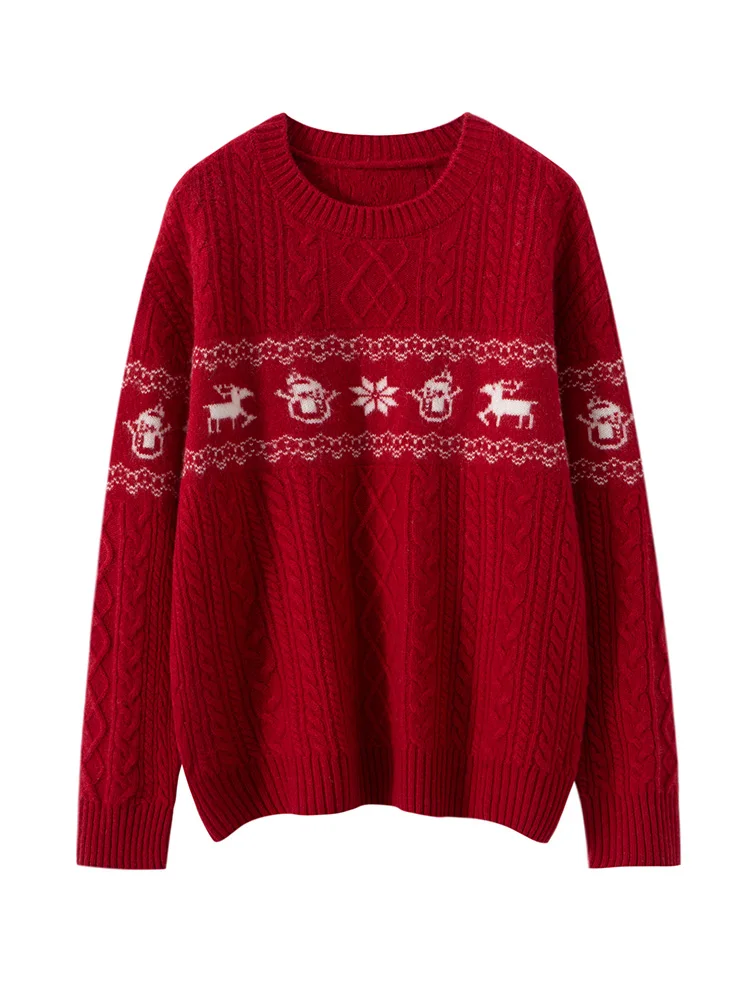 

Chic Christmas Deer Jacquard Sweater 100% Cashmere Knitwear Women's O-Neck Casual Soft Pullover Autumn Winter Thick Fashion Tops