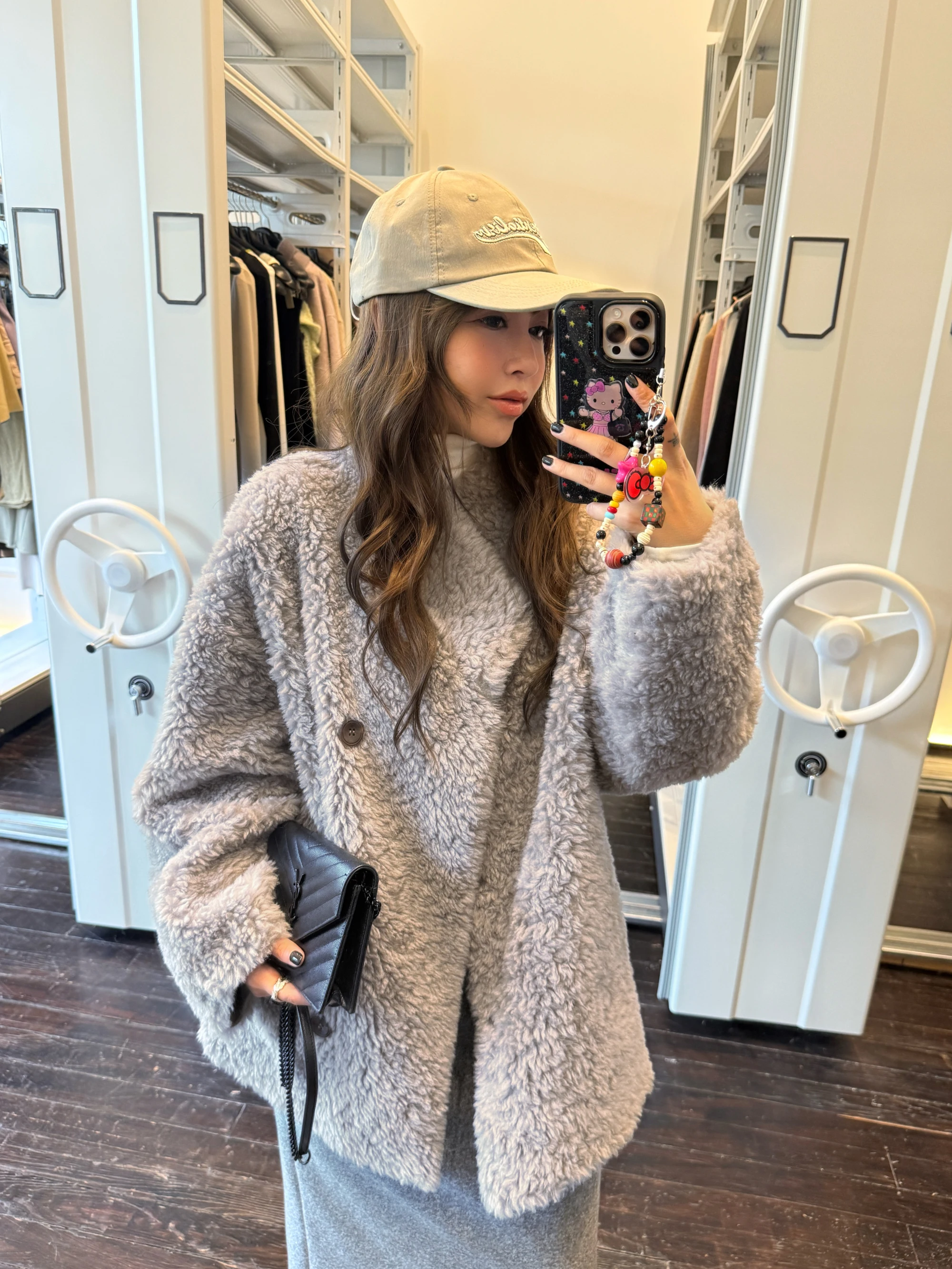 

3ts 00% Wool Fur Coat Autumn Winter Long Single Button Loose Women's Casual Sle Thiened Mid-Length Outerwear