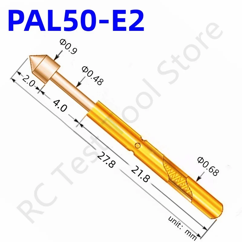 100PCS PAL50-E2 Spring Test Probe PAL50-E Test Pin Test Tool 27.8mm Dia0.68mm Gold Needle Tip Dia 0.90mm Pogo Pin PL50-E PL50-E2