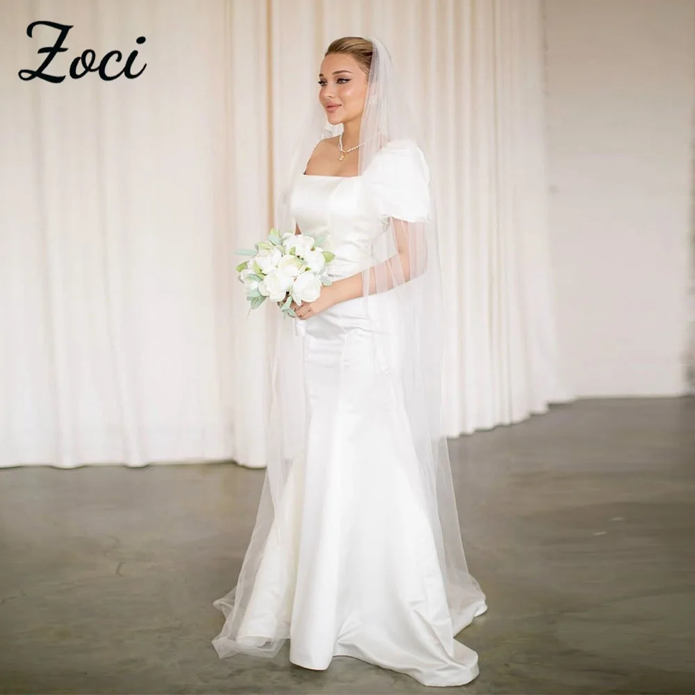 

Zoci Elegant Square Neck Mermaid Wedding Dresses Customized Short Puff Sleeve Satin Bride Dress Sexy Open Back Dubai Bride Dress