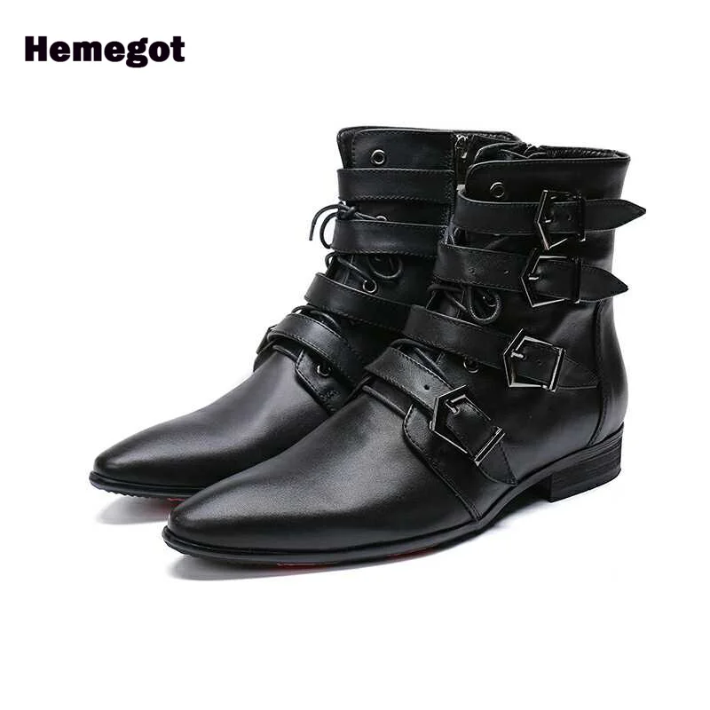 

Black Pointy Toe Men's Boots Four Buckles Side Zipper Booties Retro Style High-Top Ankle Booties Stylish Boots Men Shoes Botas