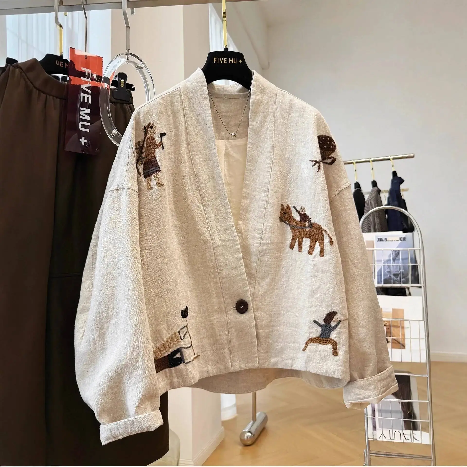 Chaqueta corta de lino y algodón bordada elegante, abrigo de otoño con cuello en V para mujer, diseño único y elegante, sensación de gama alta, manga larga holgada F