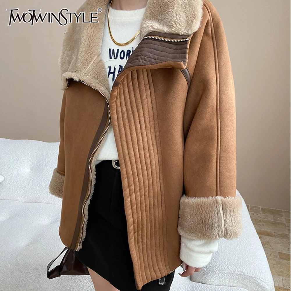 

TWOTWINSTYLE Khakl Spliced Fur Chic Jacket Female Lapel Long Sleeve Loose Vintage Streetwear Women's Jackets Autumn Fashion New