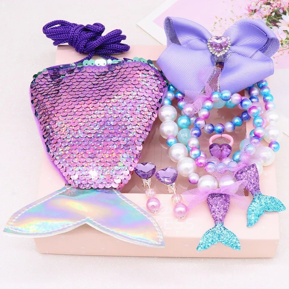 Baby Girls Mermaid Jewelry Kit Children Ariel Necklace Bracelet Shell Earrings Rings with Box Kids Birthday Gift Party Costume