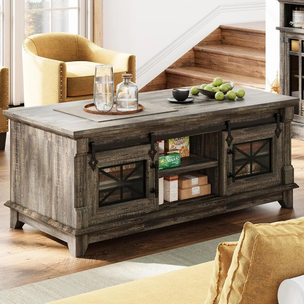 

48'' Coffee Table with Sliding Barn Doors, Rustic Center Table with 6 Large Storage Space, Glass Doors and Adjustable Mid
