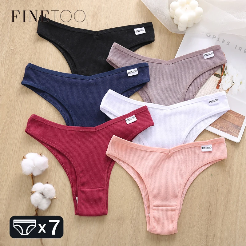 FINETOO 7Pcs Cotton Striped Brazilian Panties Women's Underwear Low-Waist Breathable Briefs Female Low-Rise T-Back Lingerie M-XL