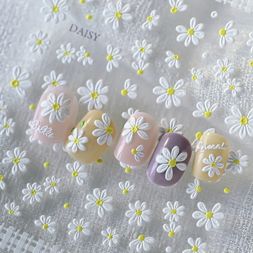 5D White Daisy Flower Nail Art Sticker Spring Summer Embossed Daisy Floret/green Leaf Design Decals Manicure DIY Decor Sticker