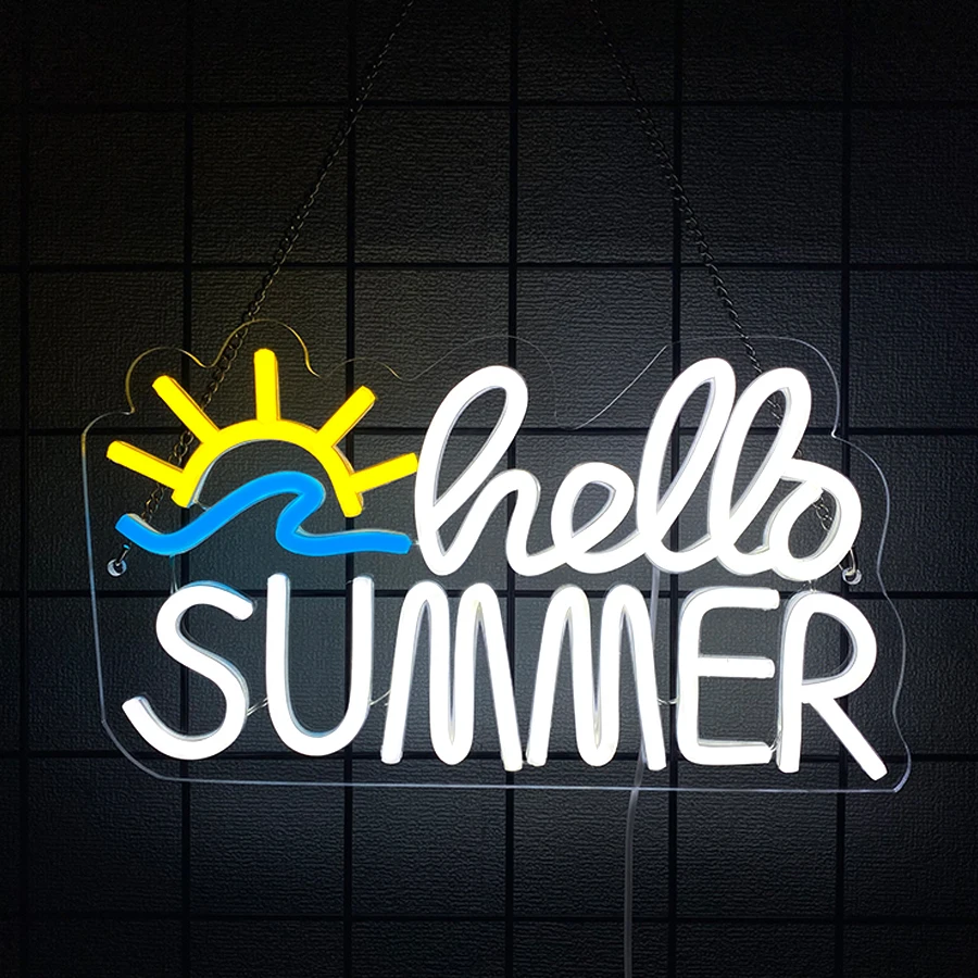 Hello Summer Led Neon Sign, Sunshine Art Icon, Holiday Decor For Bedroom, Living Room, Beach Bar And Hawaii Store, Party Gifts.