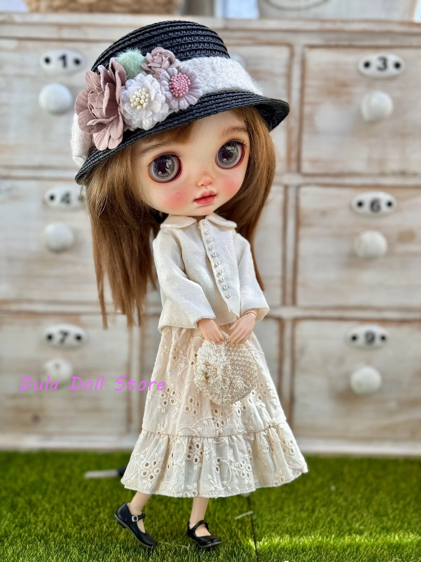 Dula Doll Clothesfor Blythe Landoudou Landazz ob24 ob22 Azone 1/6  Doll White cotton and linen jacket with lace embroidery skirt