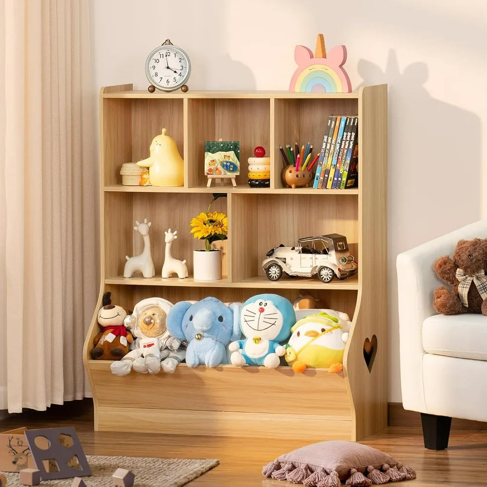 Kids Storage Organizer, 3 Tier Bookcase and Bookshelf, Toddler 6 Cubby Cabinet, Wood Book Shelf for Playroom,39.17'' H (Natural)