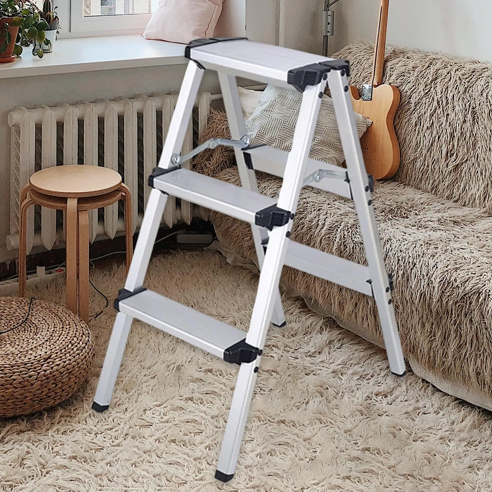 3 Step Stool Herringbone Ladders Storage Shelf Rack Ladders Folding Aluminum Alloy Ladder for Outdoor Working Household