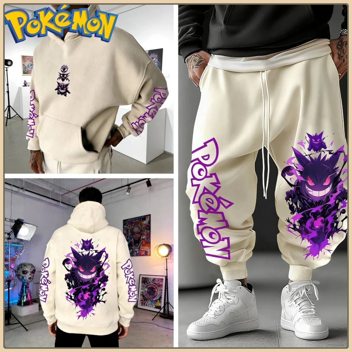 ชุดเสื้อฮู้ดสีดำและกางเกงขายาวพิมพ์ลายตัวละครโปเกมอนที่แขนเสื้อและข้างเสื้อ ชุดลำลองสไตล์สตรีทแอนิเมะสำหรับผู้ชายและผู้หญิง