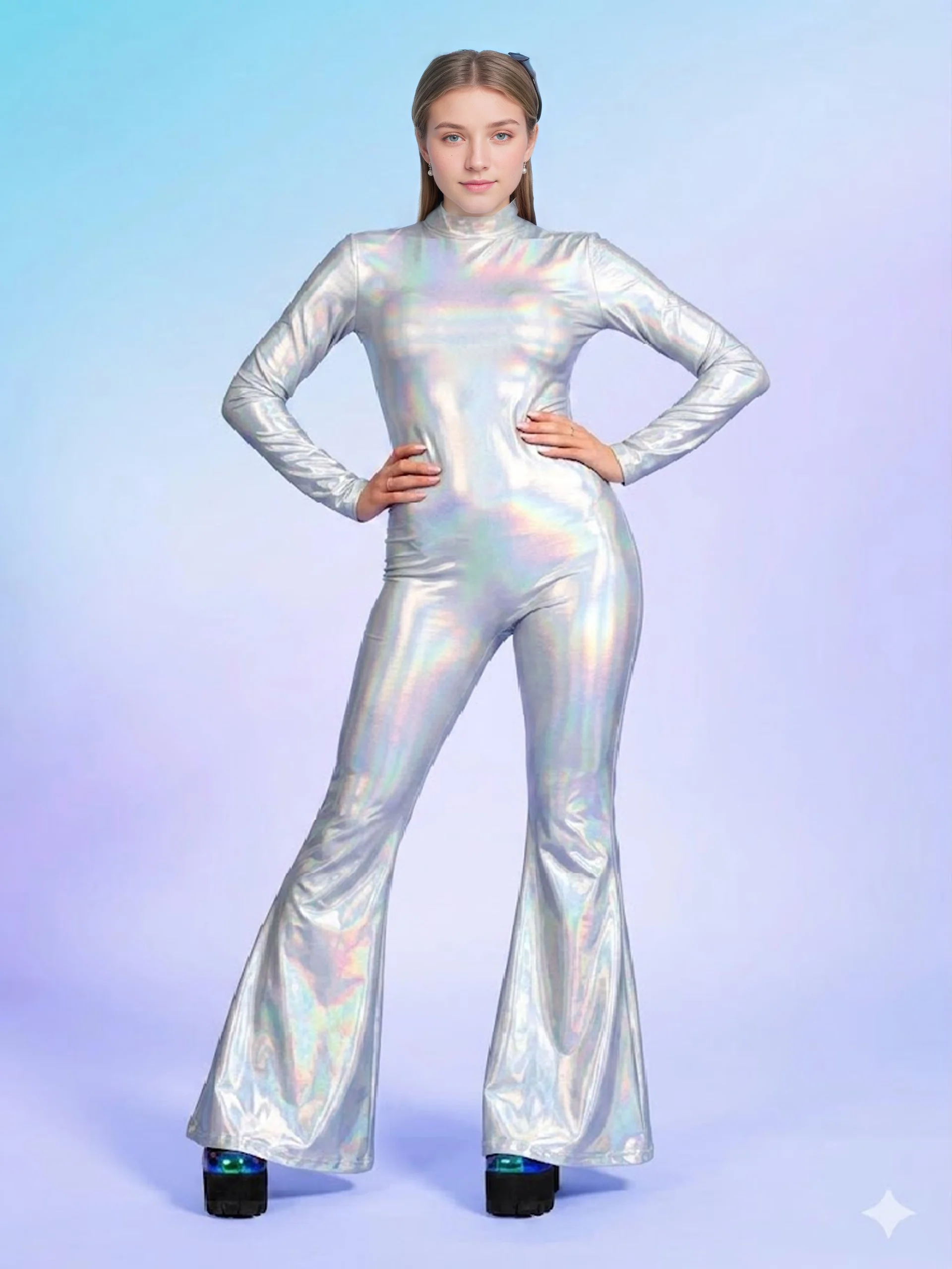 Damen Rollkragen-Jumpsuit mit Glänzendem Metallic-Effekt und Schlaghose, Schillernder Glänzender Bodysuit für Nachtclub, Disco, Bühne und Party – Detail 6