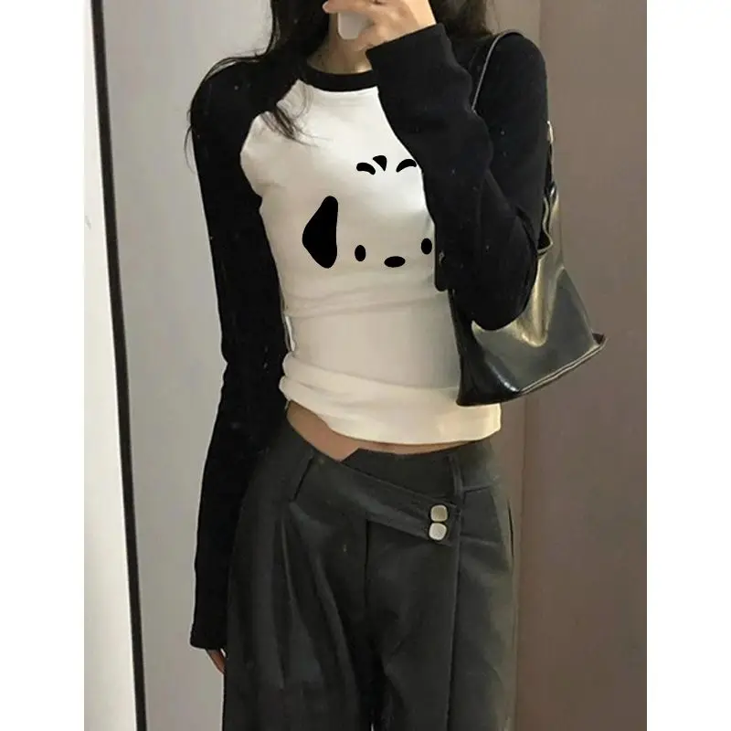 Hikigawa Contrast Color Patchwork T-shirts Casual O Neck Chic Fashion Tops Women Long Sleeve Dog Print Roupas Femininas