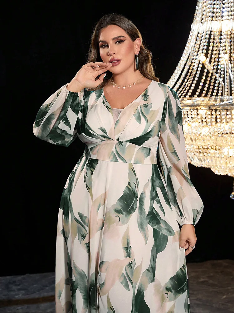 TOLEEN Primavera Estate 2024 Plus Size Casual Elegante Abito con coscia divisa Stampa floreale tropicale Manica a lanterna Chiffon Abbigliamento donna