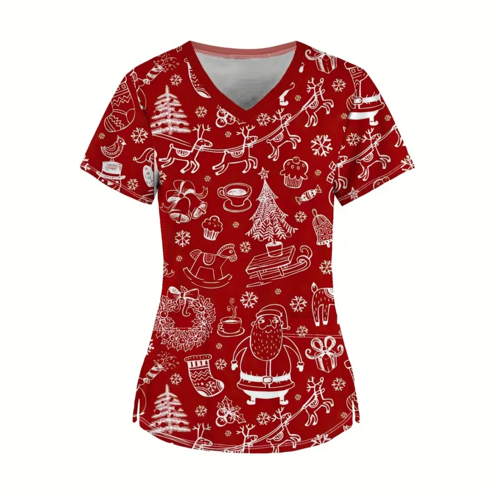 Christmas Clinical Uniform Woman Fashion Cartoon Print Microelastic V-Neck Spa Nurse Casual Short Sleeve Dental Medical Uniform