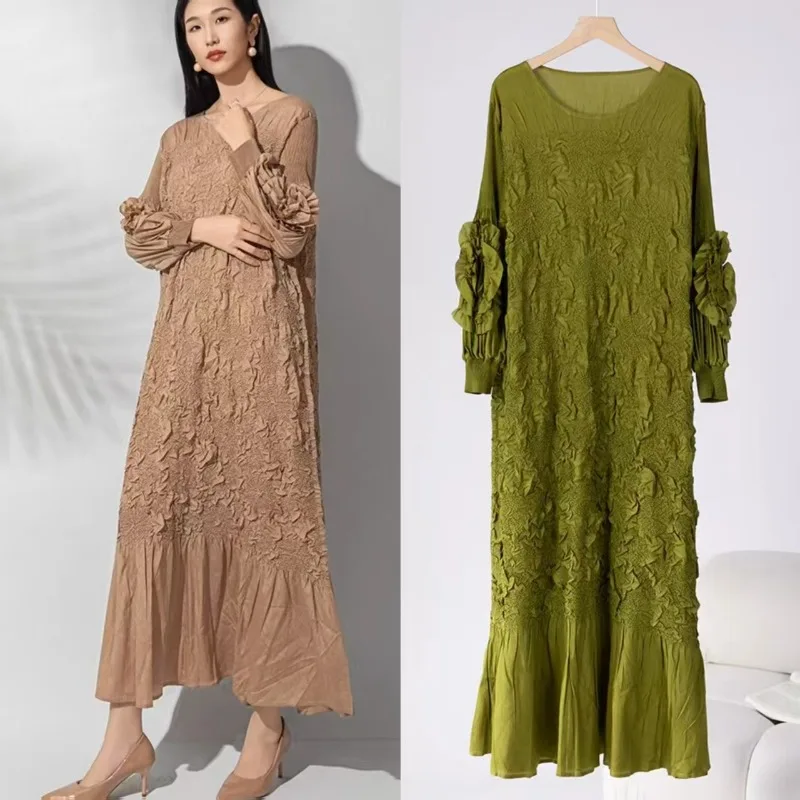 

Плиссированные платья Miyake, осень 2023, новое платье с французской вышивкой, женское длинное платье с тонкой талией, сто темпераментных длинных юбок для пожилых людей