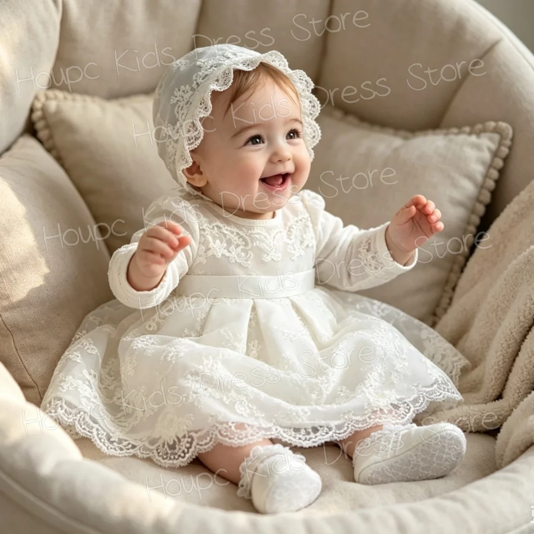 Custom White Lace Baby Christening Gown with Bonnet, Long Sleeve First Matching Communion Dress, Customizable Infant Baptism Out