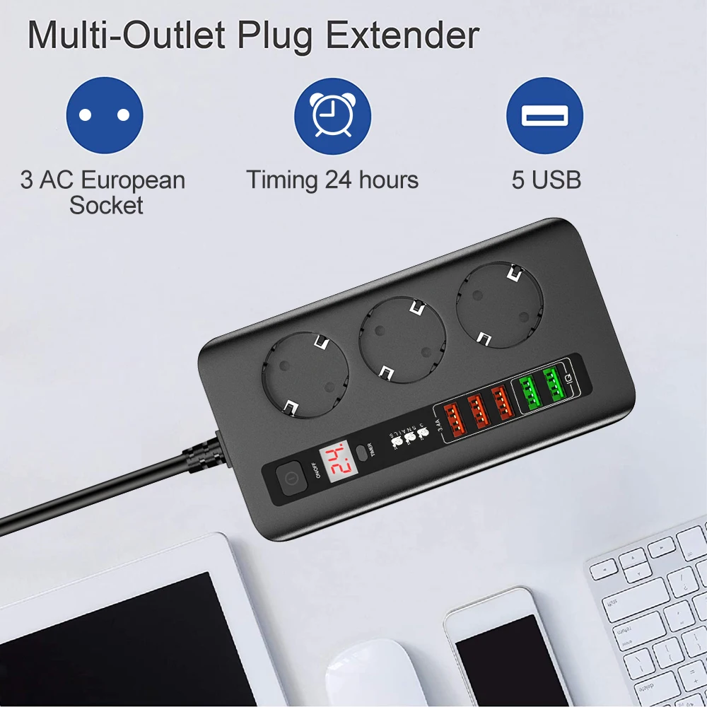 2500w EU Plug Power Strip 3 JACK Outlets 5 USB Charging Ports Smart Timer Socket 2M Extension Cord for Home Office for PC TV