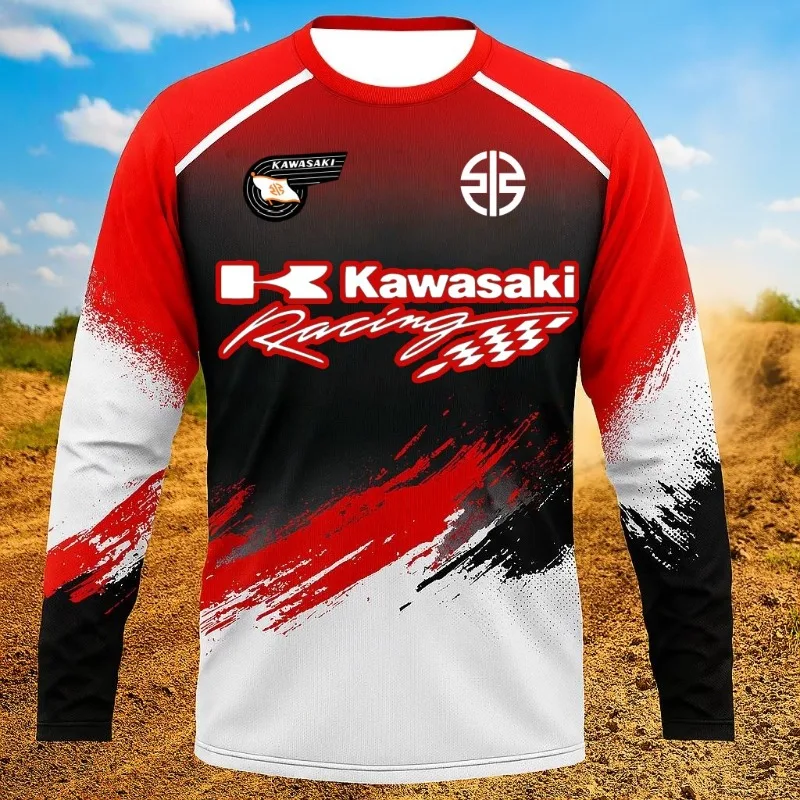 

Kawasaki New Motorcycle Riding Top, 3D Printed Long Sleeved, Breathable and Quick Drying Top for Mountain Free Riding