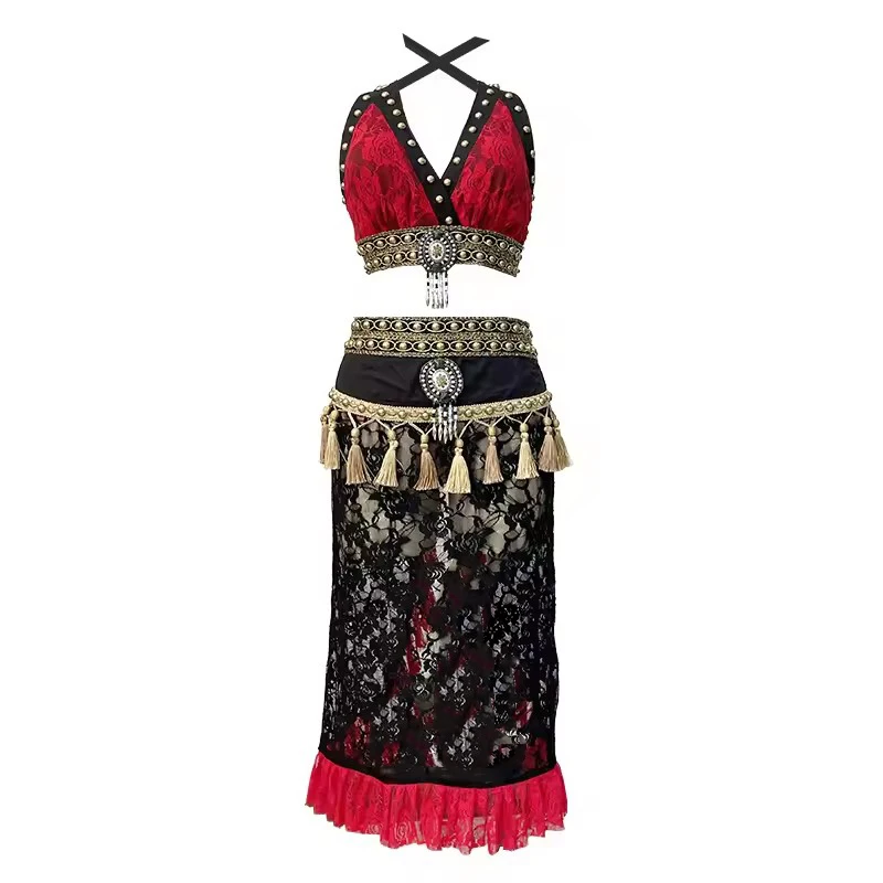 Floreale In Pizzo di Pancia Tribale di Ballo Abbigliamento Tempestato di Più Il Formato 3-pezzo Frangia Costume Set Donne Crop Magliette e camicette Pantaloni Cintura