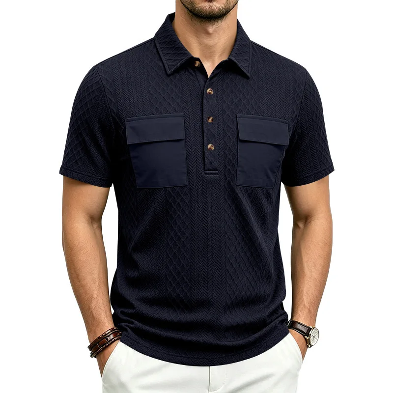 New men's jacquard knitted short-sleeved polo shirt with a front pocket (short sleeves, breathable, for business and casual wear