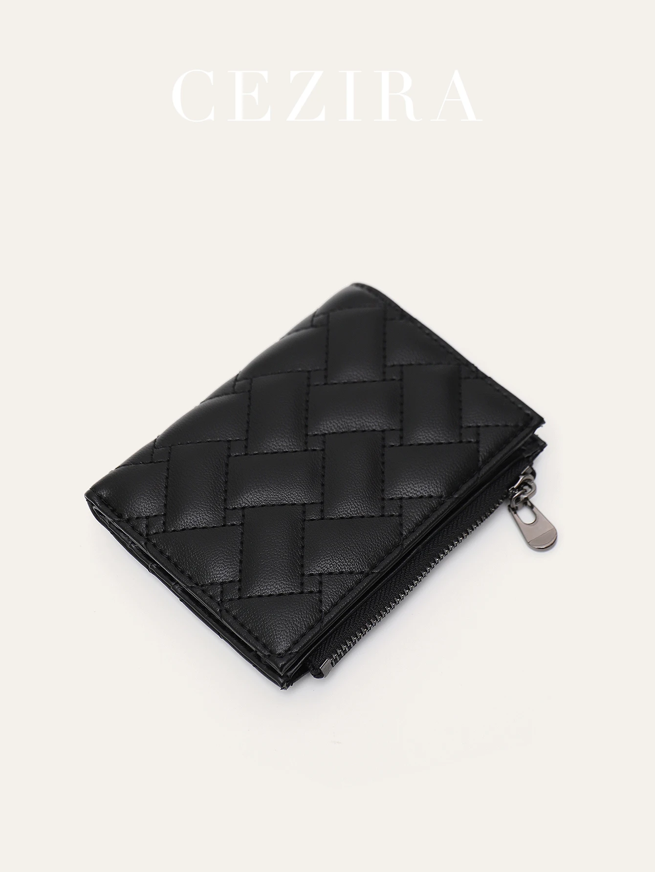 CEZIRA Luxury Solid Black Stitched PU Leather Bifold Zipper Wallet for Women, Multi Card Slots Cash Pocket Stylish Credit Card