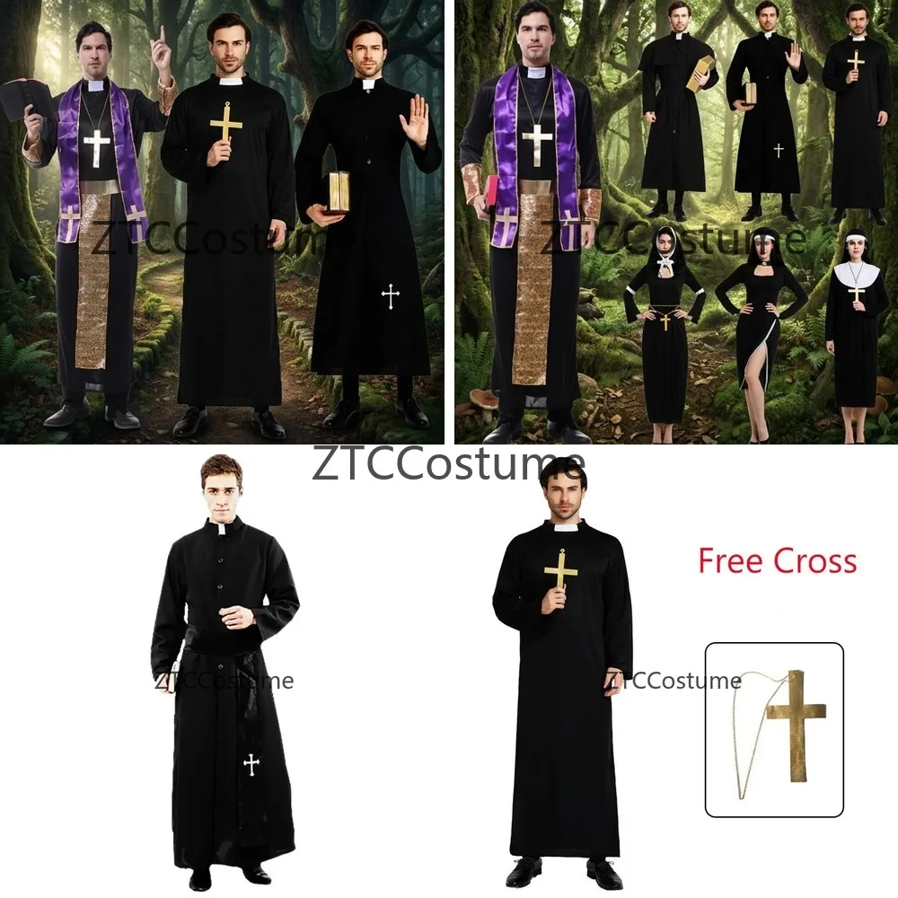 Costume de cosplay de pasteur chrétien pour hommes, tenue de missionnaire, robe de clergé pour Halloween, robe de père avec croix