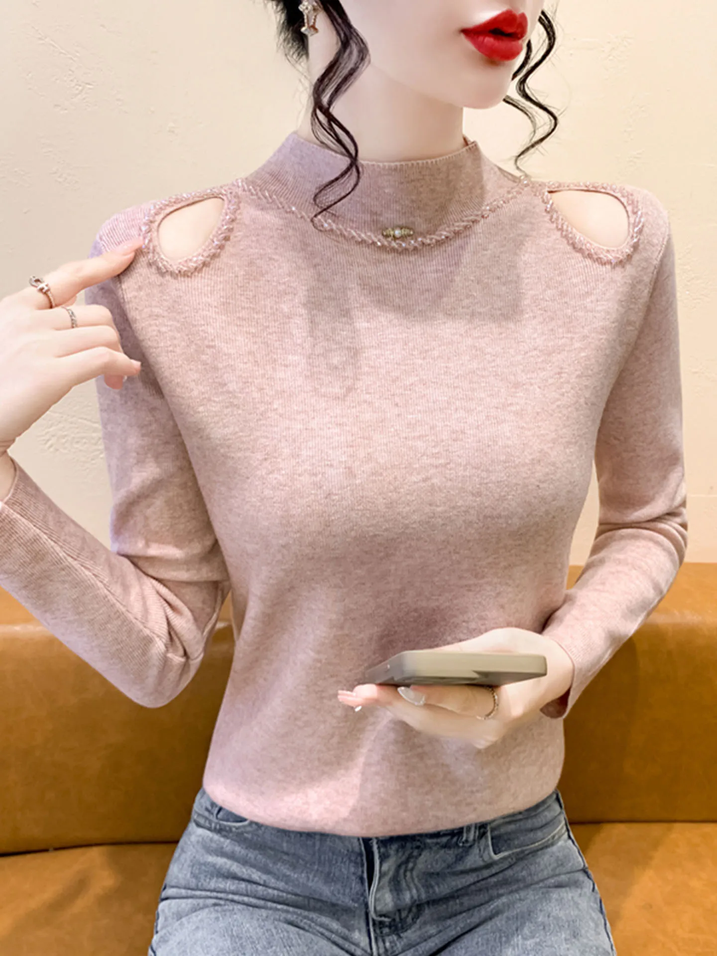 Seksowny sweter z odkrytymi ramionami, długi, dzianinowy, damski, dopasowany, z wysokim kołnierzem, warstwa bazowa, zimowy, jesienny, zdobiony koralikami, ciężki top.