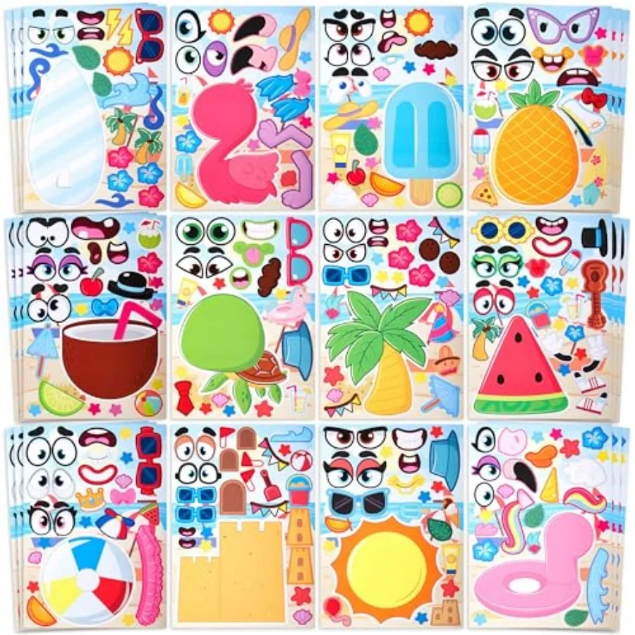 

36 Pcs 9"x6" Make a face Stickers for,Make Your Own Hawaii Pool Beach Sticker Sheets, Luau Craft Party Decor, Holiday Party Fav