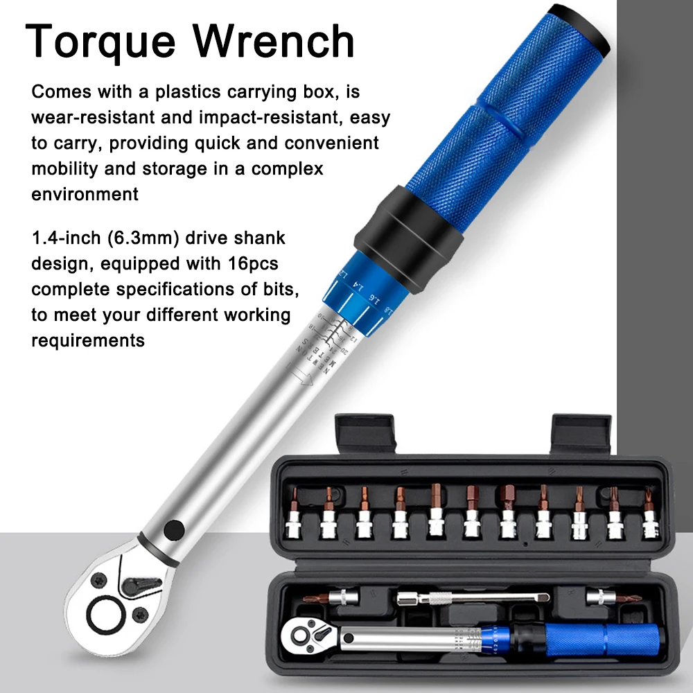 16PCS Torque Wrench High Precise Torque Preset Wrenches 2-24N.m Torque Adjustable 1/4inch Ratchet Wrench Car Repairing Tool