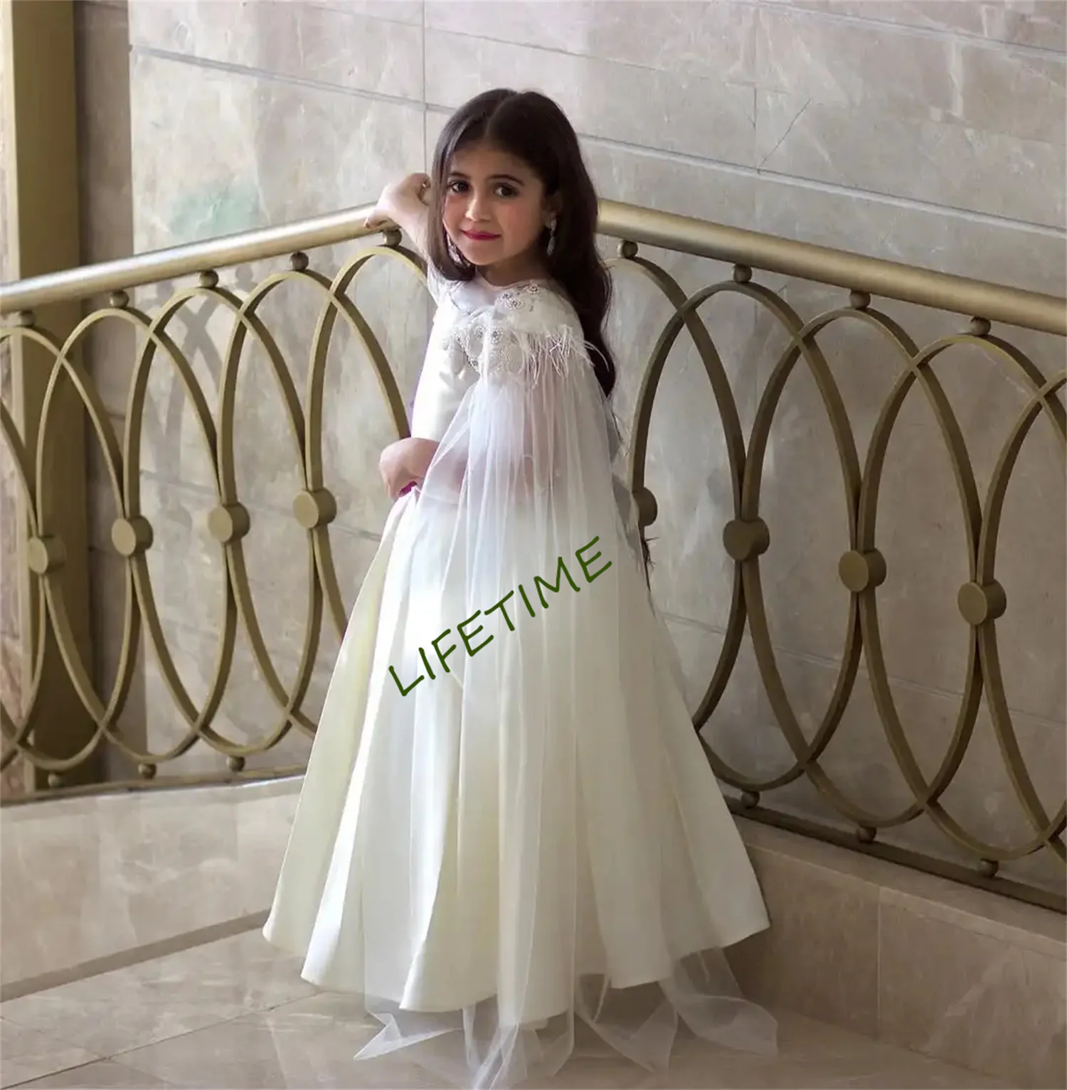 Customized Girl's Princess Ball Gown with Cape Tulle-Sleeve Satin Embroidery Beaded Floor-Length Dress