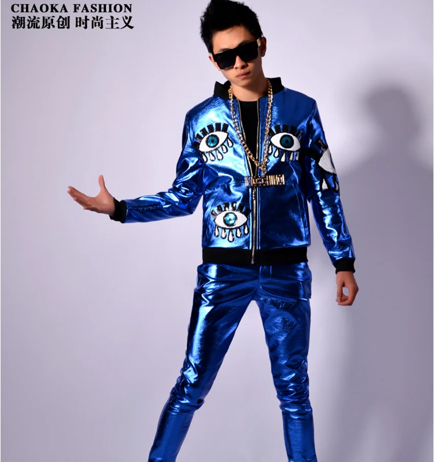 Plus Size Men's Stage Coat Sapphire Blue Eyes Baseball Jackets Dj Bar Male Singer Costume Ds Trend Personal Leather Jackets
