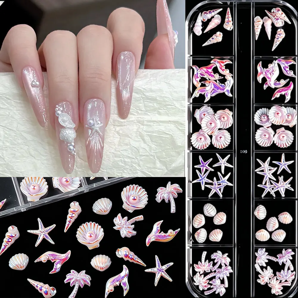 12 Grids Summer Ocean Theme Pink Nail Charms 3D Shell Starfish Fishtail Palm Tree Resin Nail Decoration Beach Style Nail Suplies