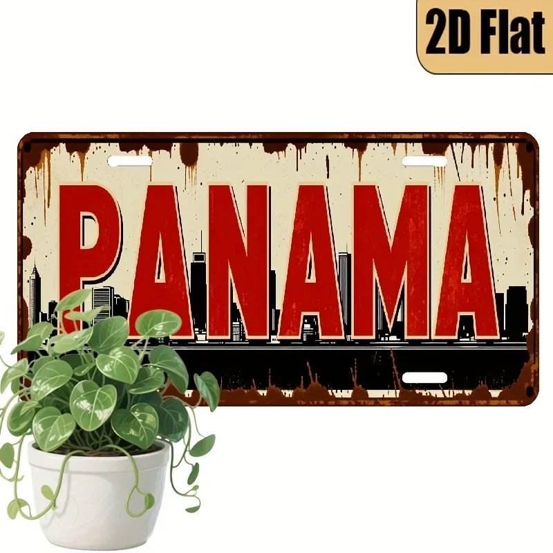 A 2D flat decoration with a retro style aluminum license plate theme of 'Panama Capital', only used for decoration