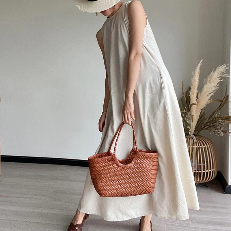 Johnature Summer New Hollow Out Sleeveless Dress 2024 Backless Causal Korean Solid Color Loose Simple O-neck Women Dresses