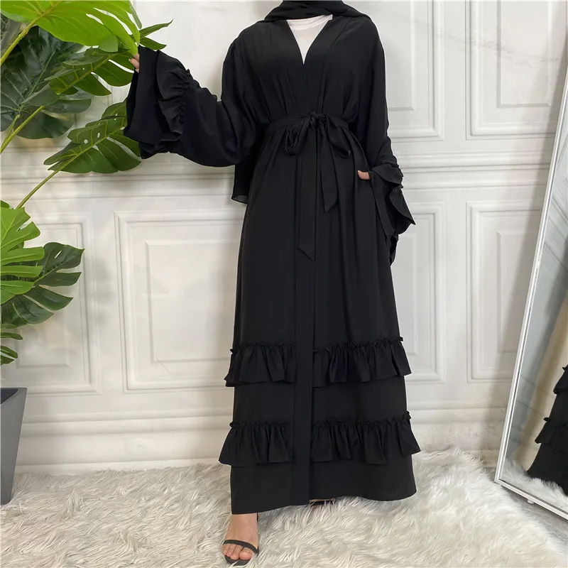 

Open Abaya Muslim Women Islamic Arab Kaftan Kimono Cardigan Middle East Ethnic Ruffle Pakistani Dubai Turkey Solid Color Fashion