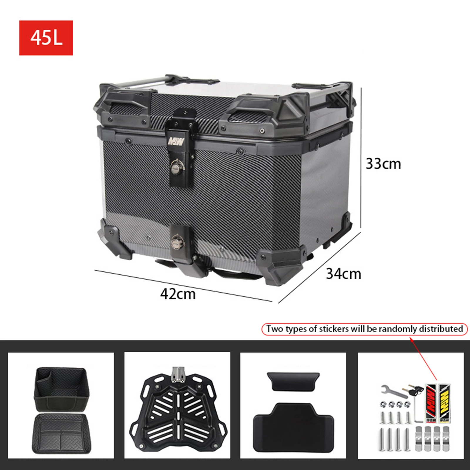 45L Waterproof Motorcycle Top Box Black Aluminum Motorcycle Trunk Tour Tail Box w/ Security Lock for Store Helmet Large Luggage