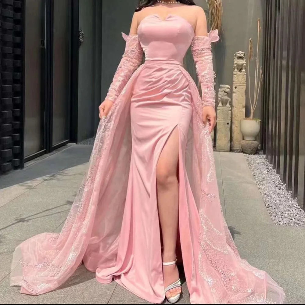 

Mermaid Front Slit Sweetheart Satin Detachable Sleeve Full Sleeves Pink Temperament Evening Dresses Sequined Pleats Panel Train