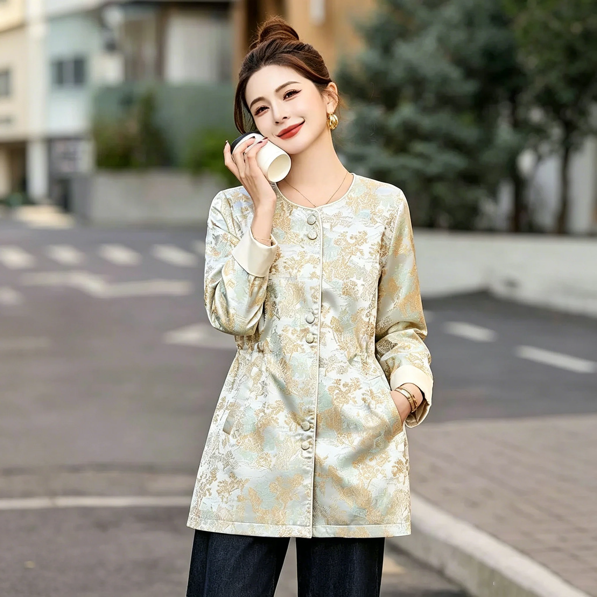 Women's Chinese Style Jacquard Jacket Top 2026New O-Neck Long Sleeve Outerwear Contrast Cuff Mid Length Casual Oriental Coat Y2K
