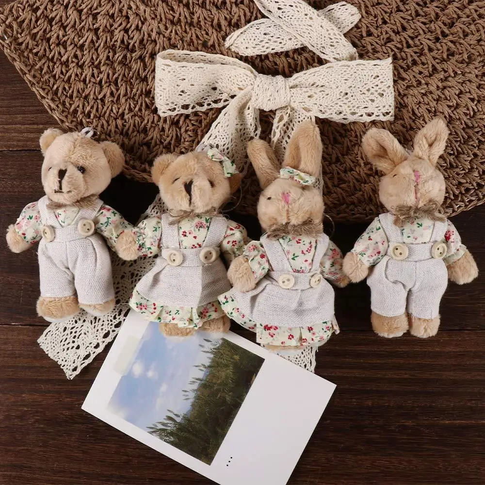 Cute Rabbit Bear Boys Girls Couple Plush Toy Pendant Country Style Linen Rabbit Bear Keychain Bag Pendant Wedding Party Toy Gift