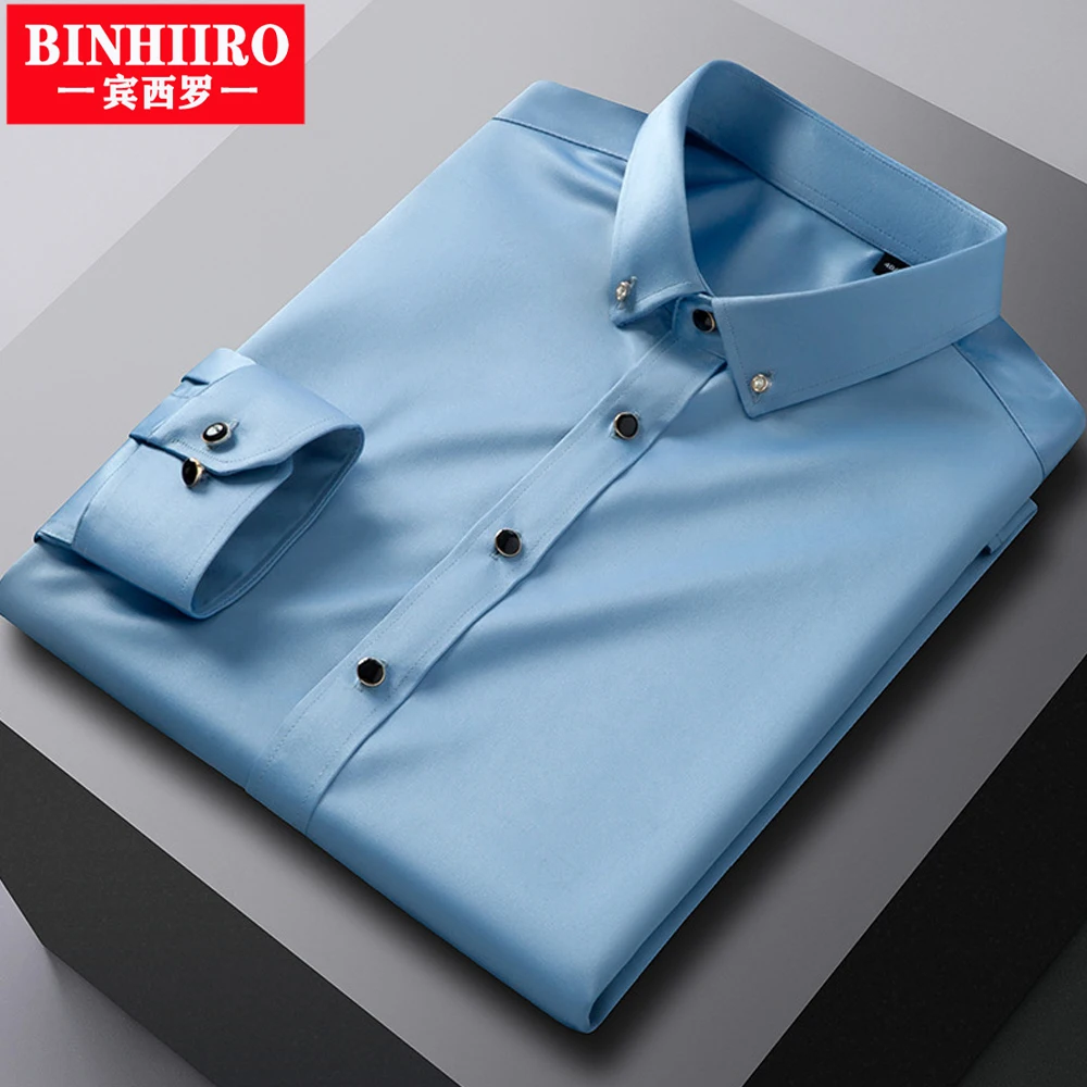 

BINHIIRO Весенняя Мужская брендовая Классическая однотонная рубашка с длинным рукавом мужская деловая офисная модная однобортная рубашка с карманами