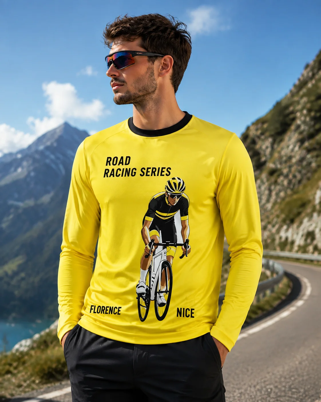 Men Women Road Cycling Rider Print Long Sleeved T-shirt Crew Neck Casual Breathable Oversized Plus Size Retro Performance Jersey