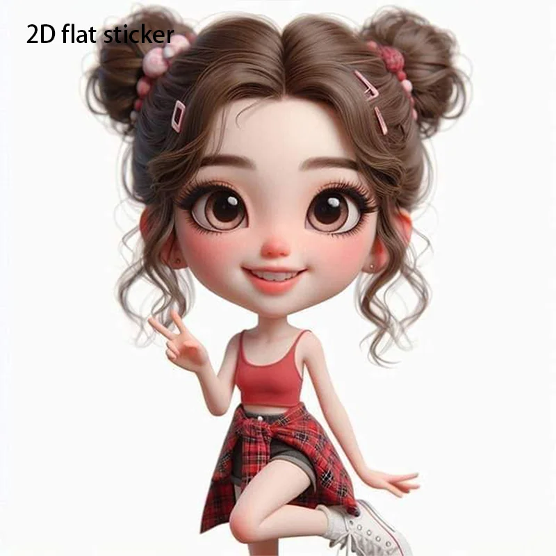 2D Flat Double Bun Fashion Girl Red Plaid Vinyl Sticker For Car Laptop Water Bottle Wall Cup Decor