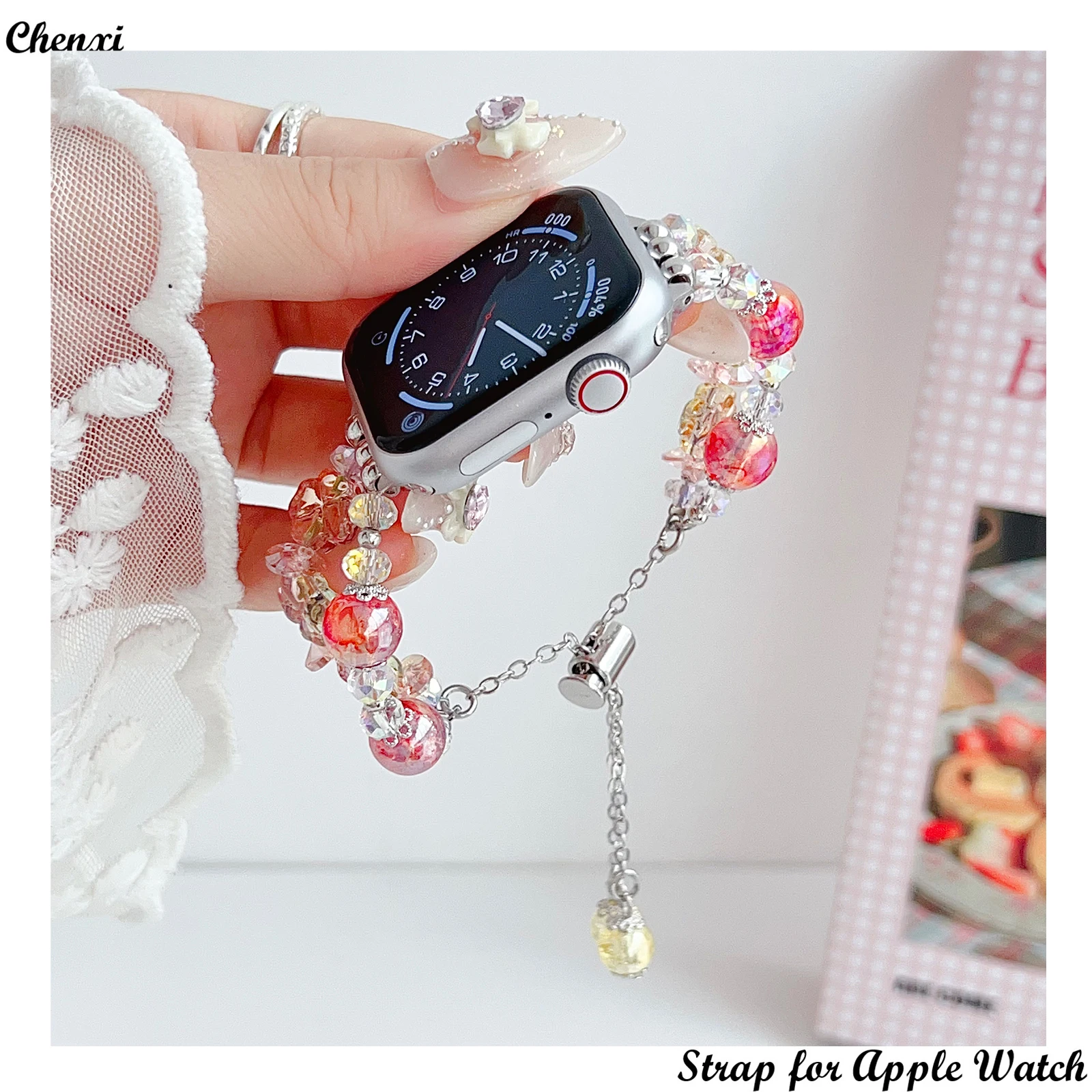 Metal Strap for Apple Watch Band Girls ins Clear Love Flower Bracelet Iwatch98765SE Women 40 41 44 45mm Colors Bead Sweet  wrist