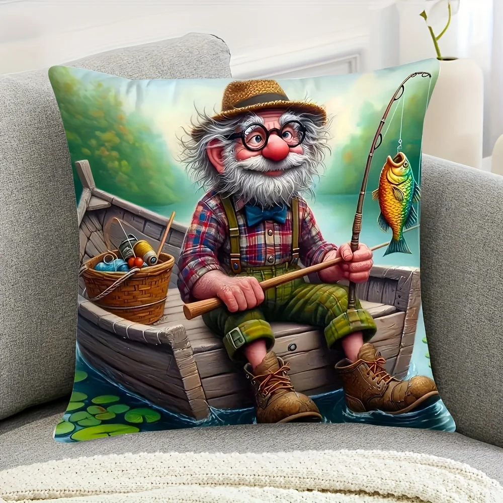 Funny Old Man Fishing Pillow Case, Cartoon Fisherman Cushion Cover, Humorous Outdoor Hobby Home Decor for Sofa Bedroom Living