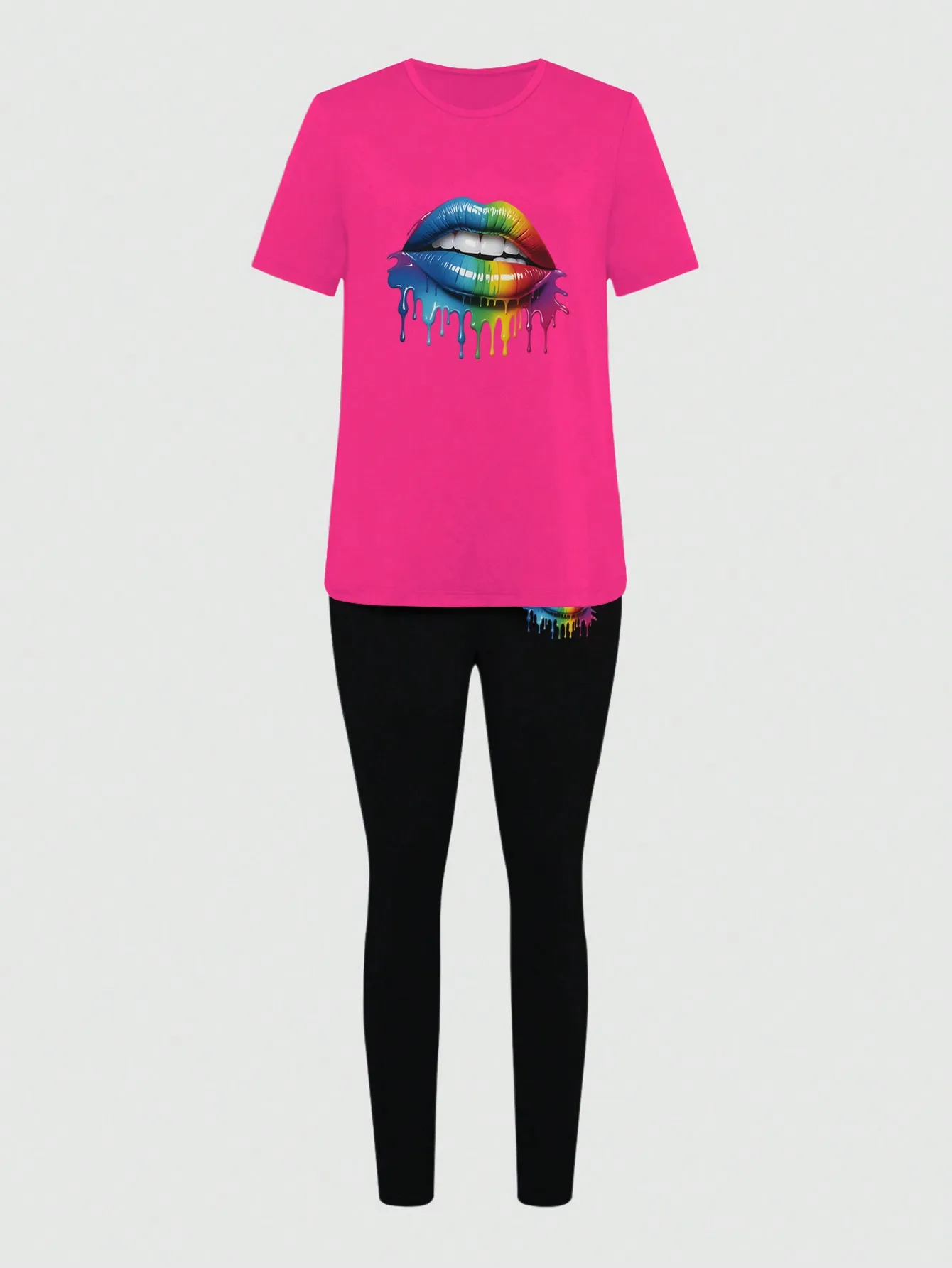 Set da 2 pezzi con stampa Rainbow Lips: maglietta rosa a maniche corte e leggings neri per streetwear estivo