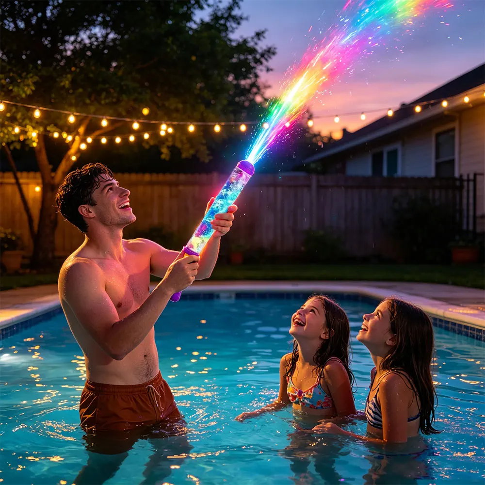 Creative Glowing Rainbow LED Water Blaster Splashing Large Capacity Water Sprayer Push-Pull Sprinkler Atmosphere Props Gift view 2